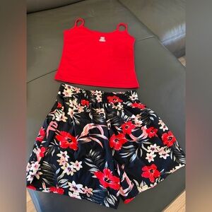 Red Crop Tank & Black Floral Shorts Set